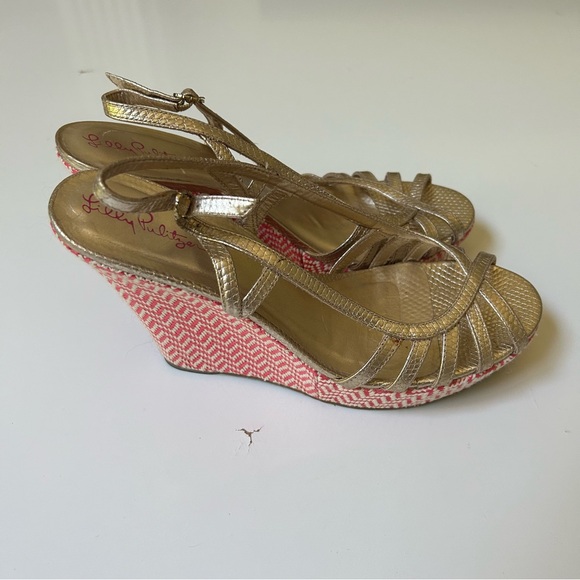 Lilly Pulitzer Shoes Womens 9.5 Gold Leather Wedge Heels Peep Toe Sandals - Picture 2 of 9